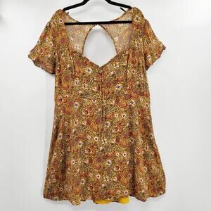 Forever 21 Mustard Yellow Floral Paisley Print Babydoll Mini Dress Plus Size 3X